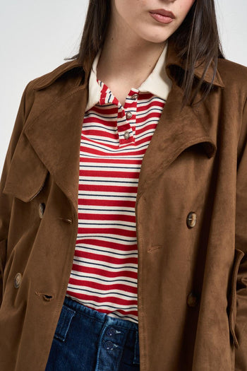 Trench donna corto in suede marrone - 3