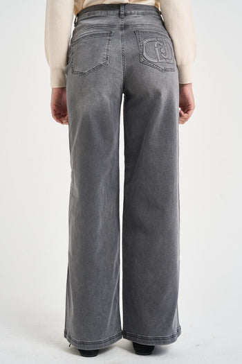 Jeans donna gamba larga in denim grigio - 3