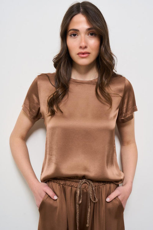 T-shirt donna girocollo satinata marrone - 1