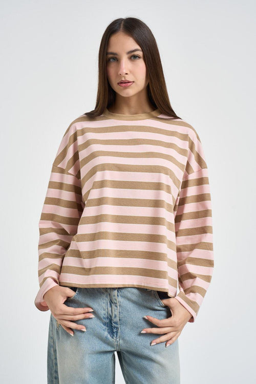 Maglia donna girocollo a righe beige e rosa