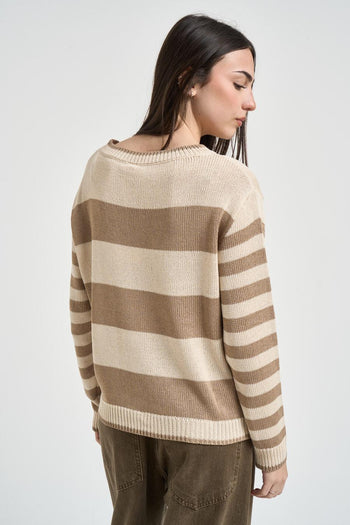 Maglia donna a righe beige e tortora - 3
