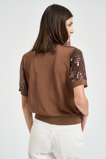 T-shirt donna con paillettes marrone - 4
