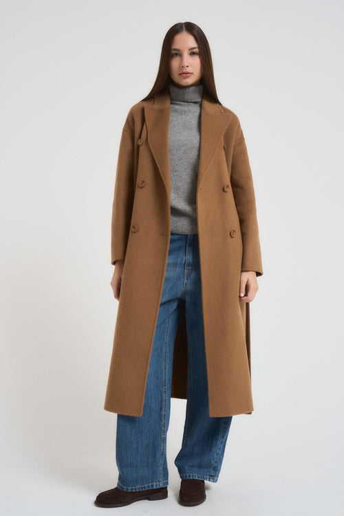Cappotto donna doppiopetto lungo cammello