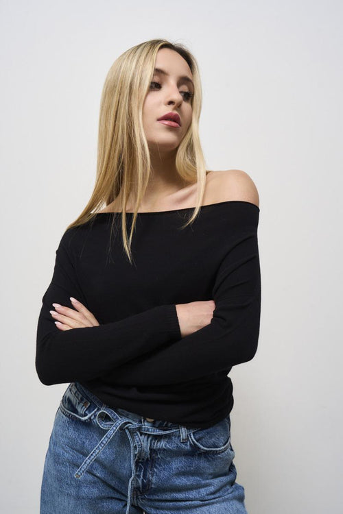 Women's black boat neck sweater - 2