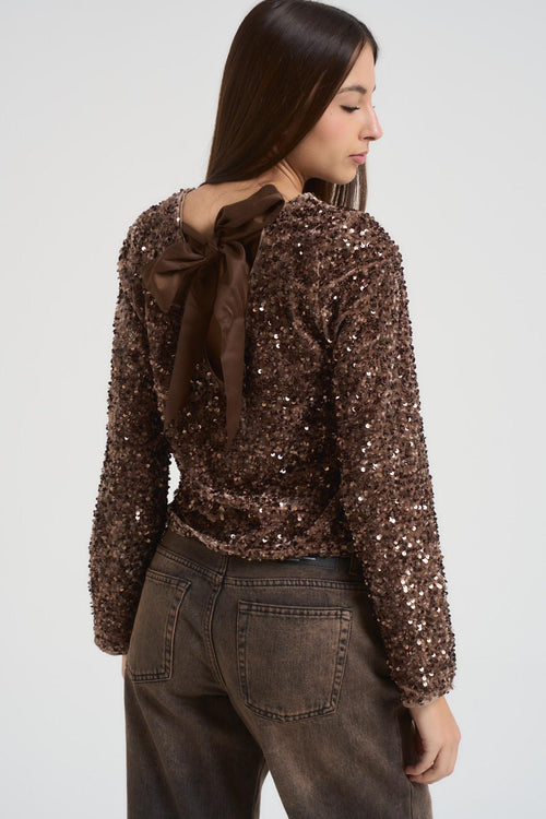 Blusa donna con paillettes marrone - 2