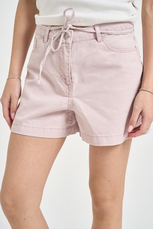 Shorts donna in denim con laccio rosa