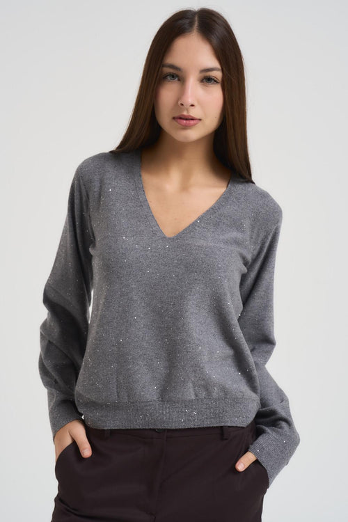 Maglia donna con micro paillettes grigio medio