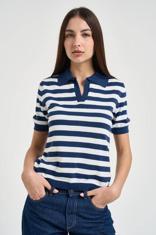 Polo donna in maglia a righe blu - 1