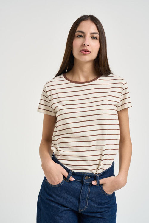 T-shirt donna girocollo a righe marrone