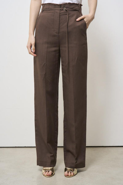 Pantaloni donna marrone misto lino