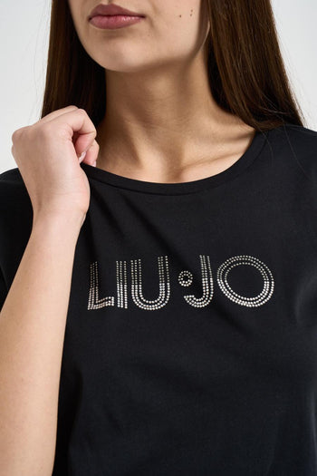 T-shirt donna logo con strass nera - 3