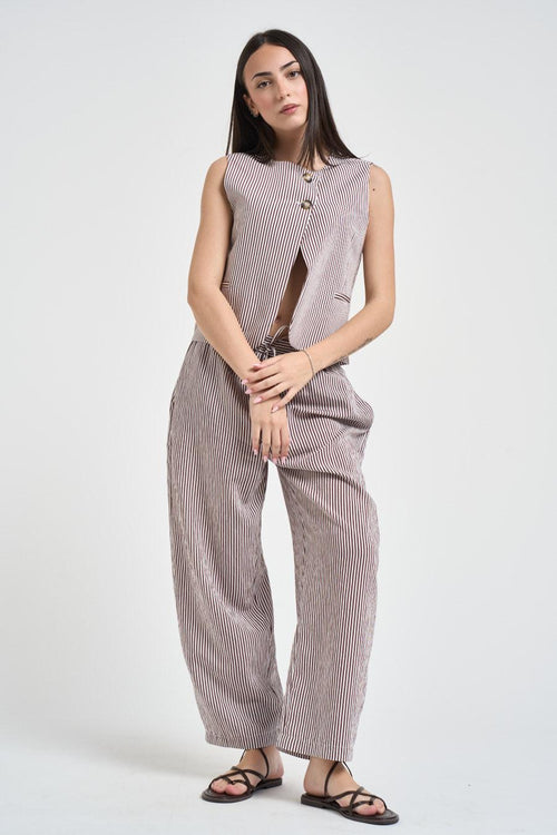 Top donna smanicato a righe bordeaux e bianche - 1