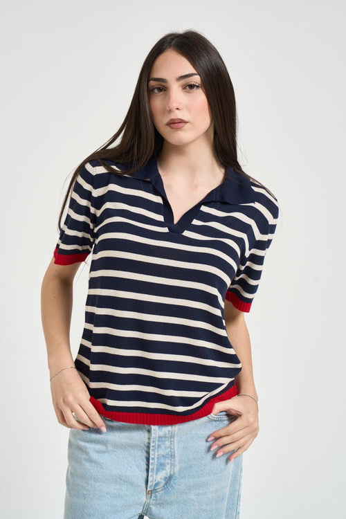 Polo donna a righe blu e panna - 1