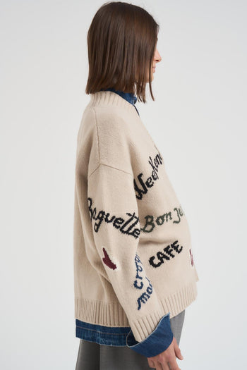 Cardigan donna beige Belgio con scritte ricamate - 7