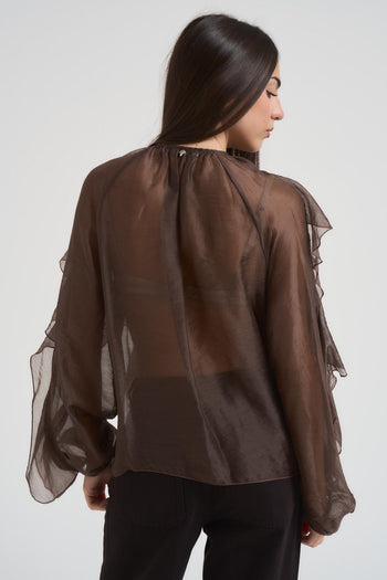 Blusa donna con volant cioccolato - 4