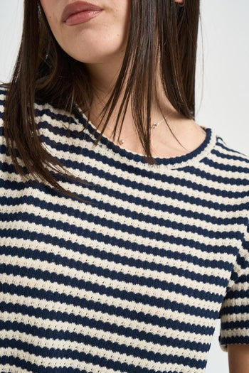 T-shirt donna a righe blu e panna - 3