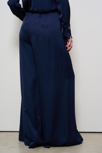 Pantalone donna a palazzo satinato blu - 3