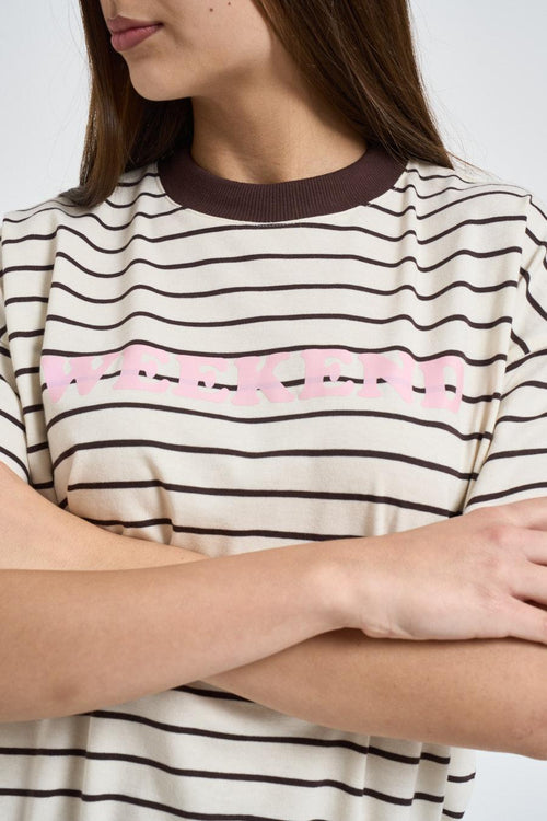 T-shirt donna panna a righe e marrone - 2