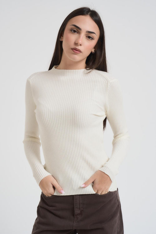 Maglia donna girocollo a costine crema