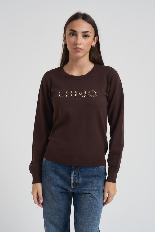 Maglia donna girocollo marrone con strass - 2
