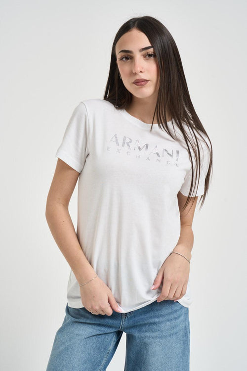 T-shirt donna girocollo con strass bianca