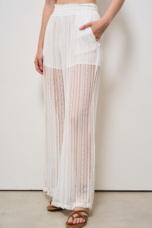 Pantalone donna semitrasparente a righe ricamato bianco - 2