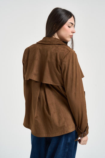 Trench donna corto in suede marrone - 4