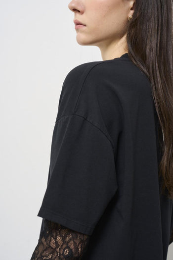 Black Women's T-Shirt With Lace Sleeves - 6