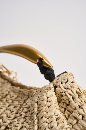 Borsa donna in rafia beige con manico oro - 3