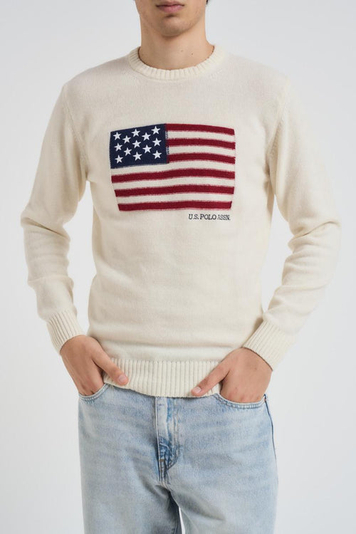 Maglia uomo girocollo panna con bandiera USA