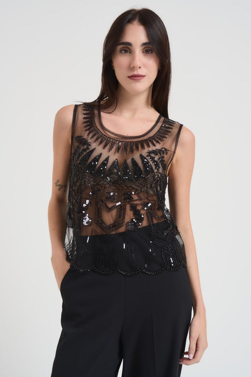 Top tulle donna con applicazioni nero