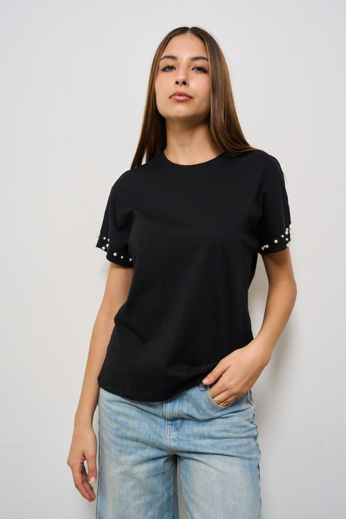 T-shirt donna girocollo nera con strass