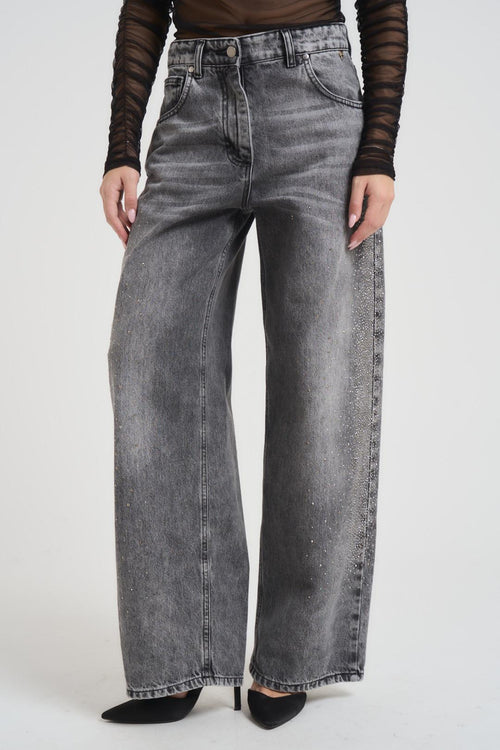 Jeans donna a palazzo in denim grigio con strass