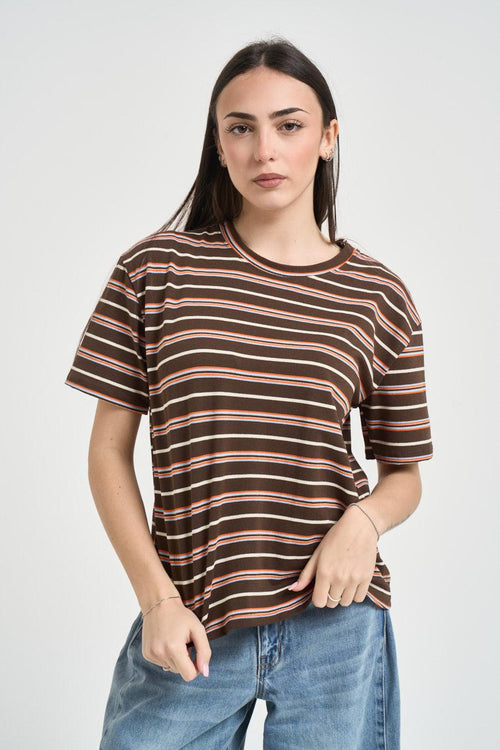 T-shirt donna a righe marrone