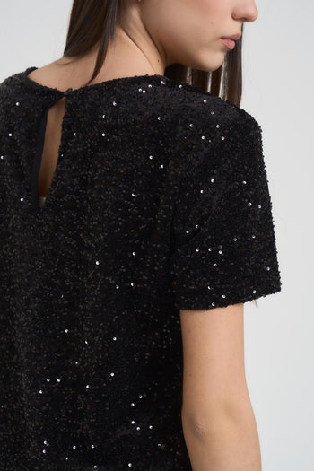 T-shirt donna girocollo con paillettes nera - 5