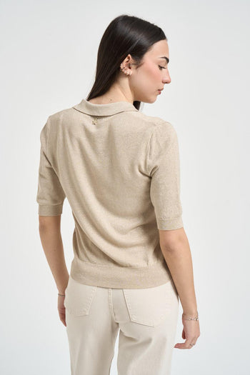 Polo donna in maglia beige con lurex - 3