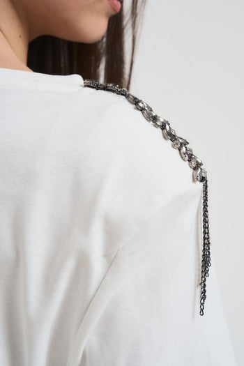 T-shirt donna girocollo bianca con strass - 4