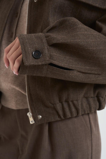 Bomber donna gessato in fresco lana marrone - 6
