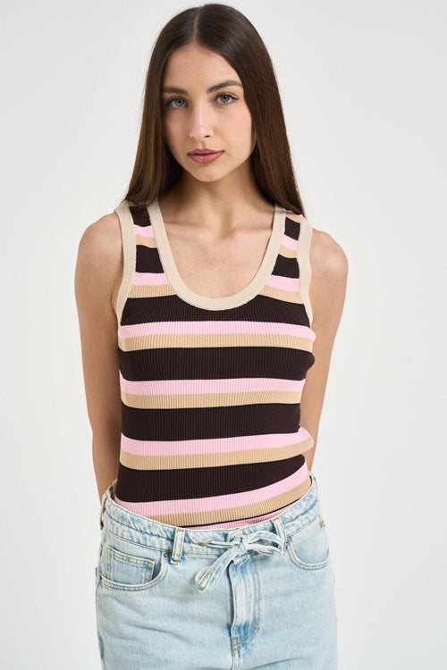 Top donna smanicato a righe multicolor