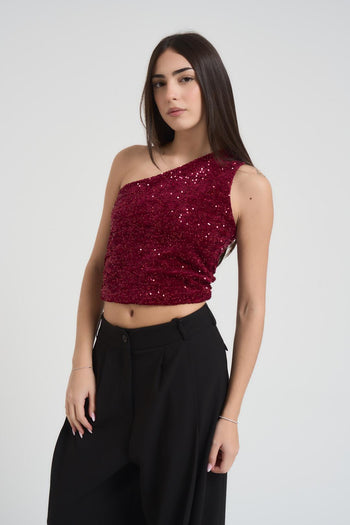 Top donna monospalla con paillettes bordeaux - 3