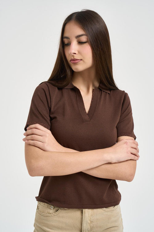 Polo donna scollo a V marrone - 2