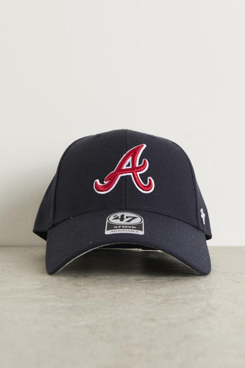 Blue men's hat with red contrasting logo