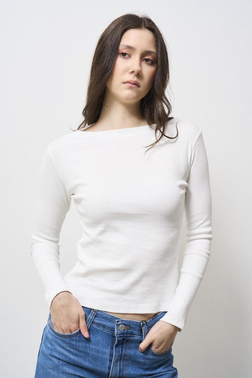 Women's white boat neck sweater - 2