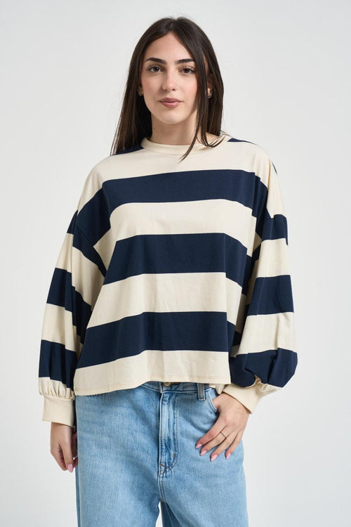 Maglia donna a righe blu e panna - 2
