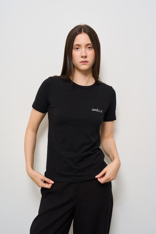 T-shirt donna girocollo nera con strass
