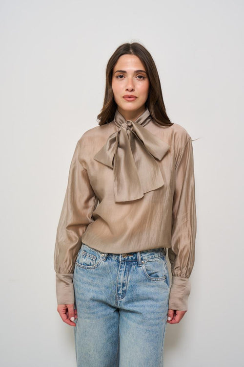 Blusa donna tortora con fiocco