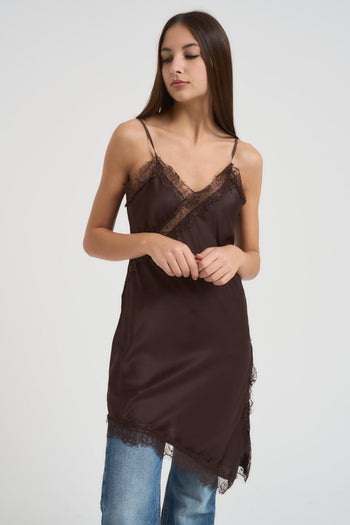 Abito donna asimmetrico in pizzo marrone - 3