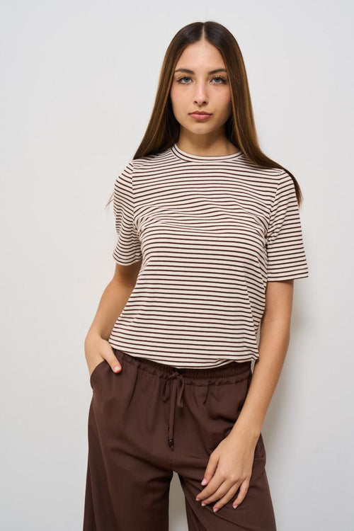 T-shirt donna a righe marrone