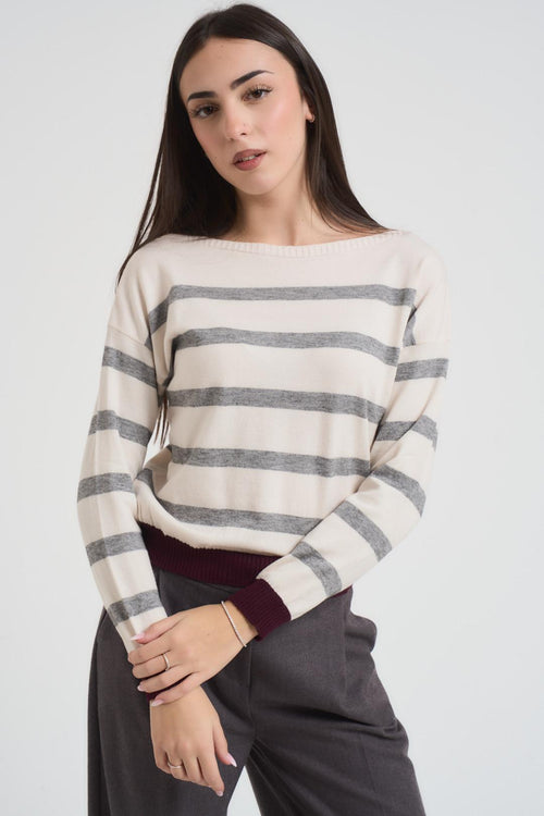 Maglia donna a righe panna e grigia