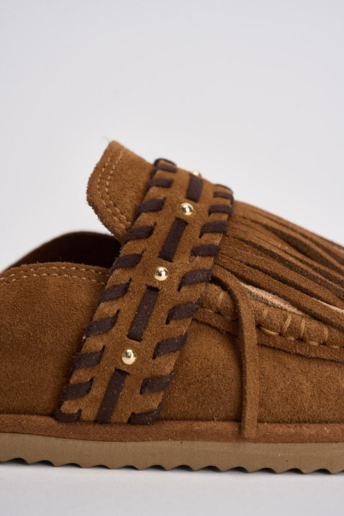 Sabot donna con frange in suede marrone - 2